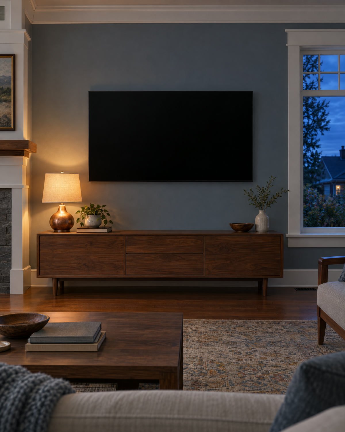A wall-mounted television with no visible cables